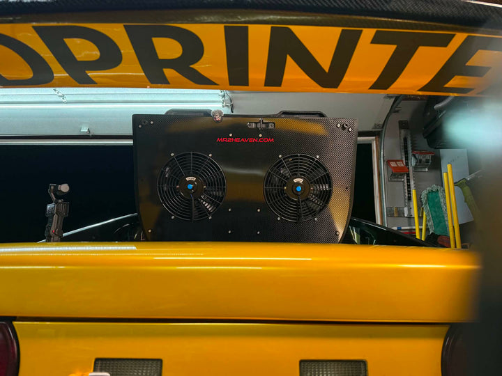 Engine Lid Dual Fan Shroud (Forged Carbon Fiber/Mirror Finish/Carbon Fiber/Raw Aluminum) - Reduces Air Intake Temperatures - SPAL fan available